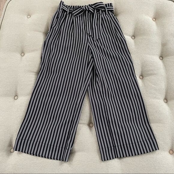 Popsugar Black White Stripe High Paperbag Waist Wide Leg Tie Waist Crop Pants S - Picture 2 of 8